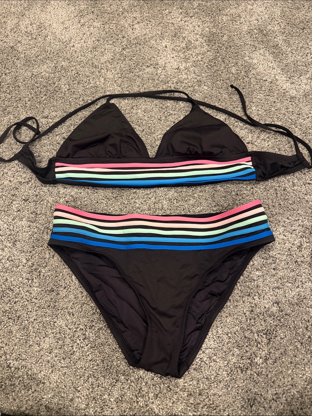 La Blanca Black Bikini with Pink, White, Mint & Blue Stripe Trim